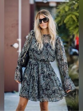 NWT Joie Sheer Paisley Long-Sleeve Mini Dress Size M